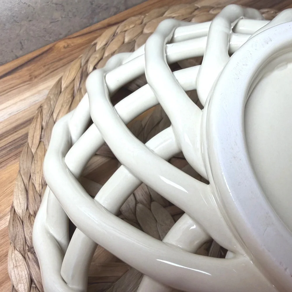 Casafina Portugal Cream Ceramic Woven Lattice Basket Bowl Medium Round 10